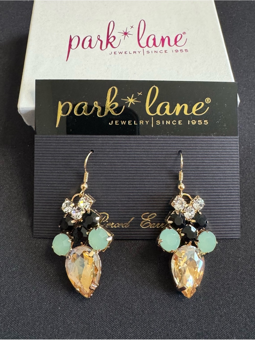 Park Lane Gold Teardrop Earrings with Mint and Black Accents